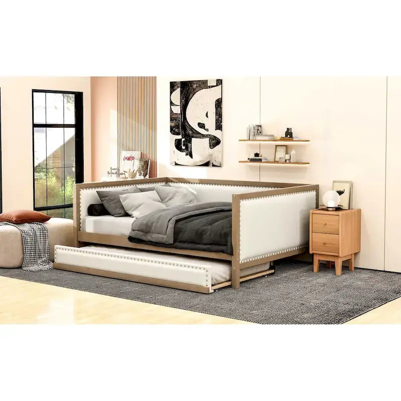 Wood Full Size Upholstered Daybed with Trundle and Nailhead Decor
