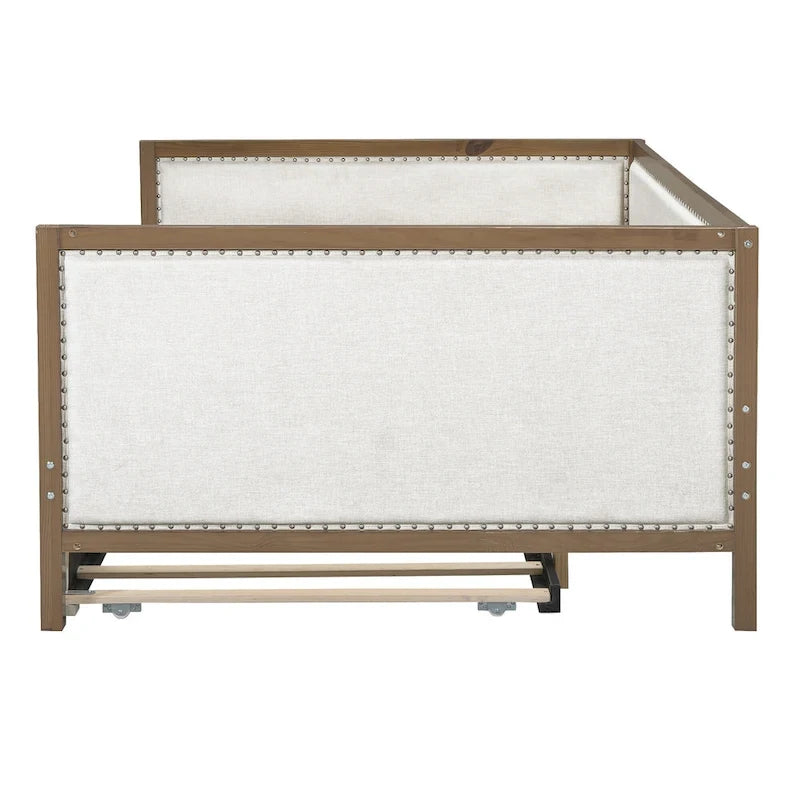 Wood Full Size Upholstered Daybed with Trundle and Nailhead Decor