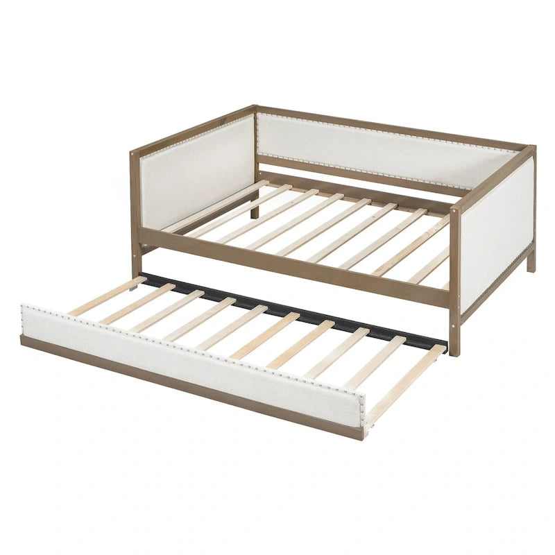 Wood Full Size Upholstered Daybed with Trundle and Nailhead Decor