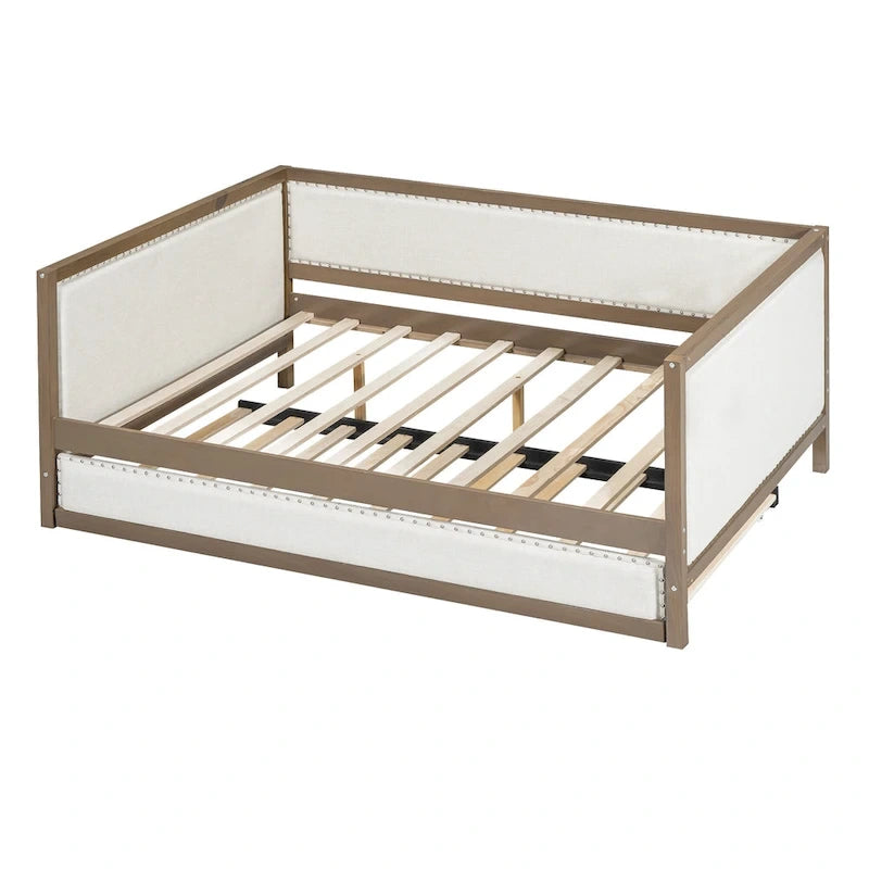 Wood Full Size Upholstered Daybed with Trundle and Nailhead Decor