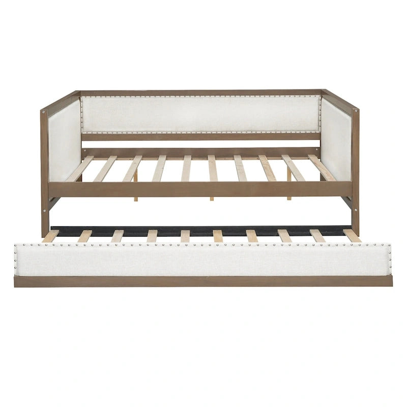 Wood Full Size Upholstered Daybed with Trundle and Nailhead Decor