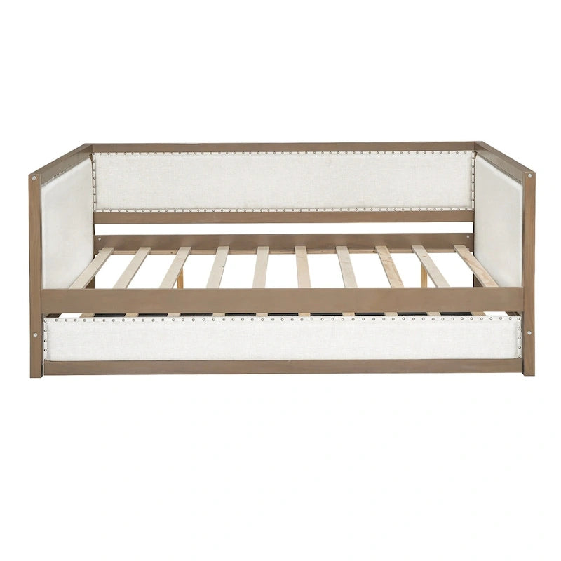 Wood Full Size Upholstered Daybed with Trundle and Nailhead Decor