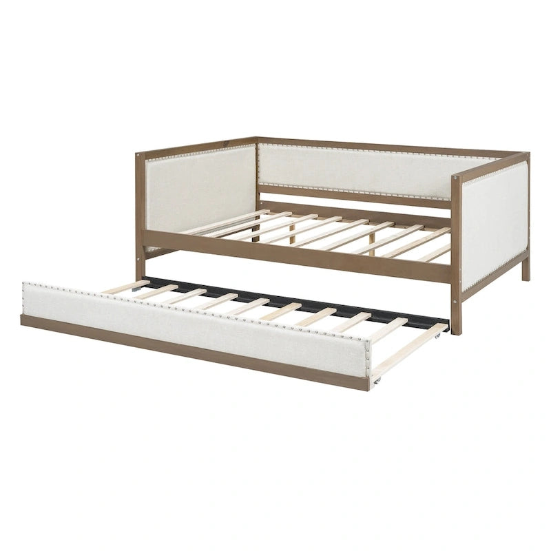 Wood Full Size Upholstered Daybed with Trundle and Nailhead Decor