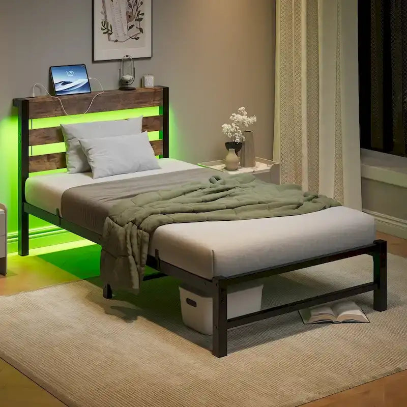 Beige+Brown Twin Size Modern Metal Bed with Wooden Headboard,RGB Lights and Storage Shelf for Bedroom