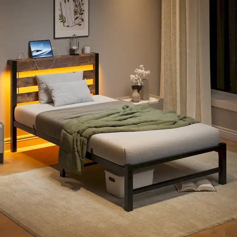 Beige+Brown Twin Size Modern Metal Bed with Wooden Headboard,RGB Lights and Storage Shelf for Bedroom