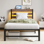 Beige+Brown Twin Size Modern Metal Bed with Wooden Headboard,RGB Lights and Storage Shelf for Bedroom