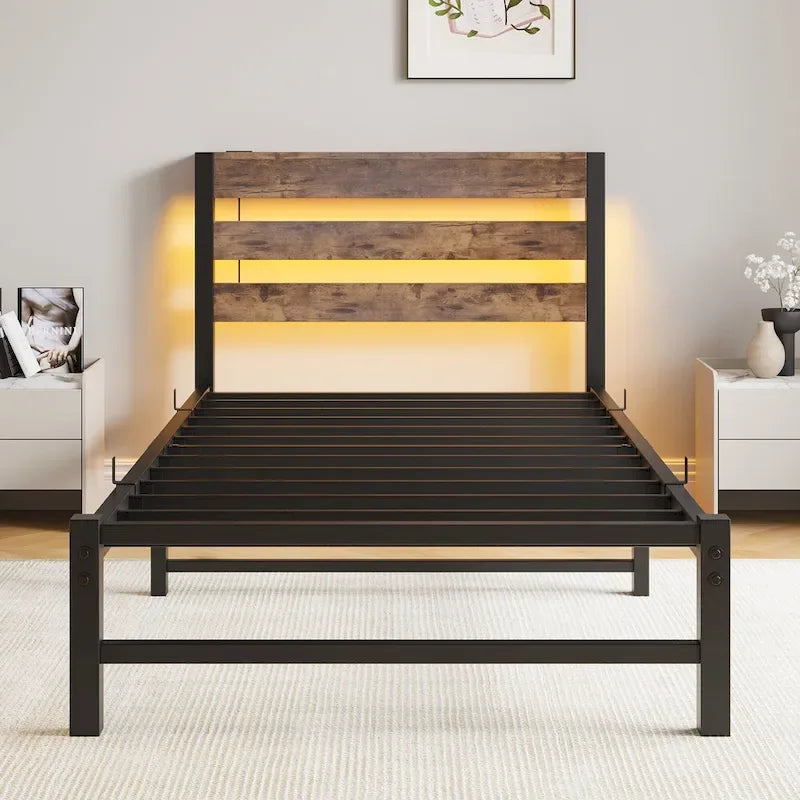 Beige+Brown Twin Size Modern Metal Bed with Wooden Headboard,RGB Lights and Storage Shelf for Bedroom