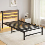 Beige+Brown Twin Size Modern Metal Bed with Wooden Headboard,RGB Lights and Storage Shelf for Bedroom