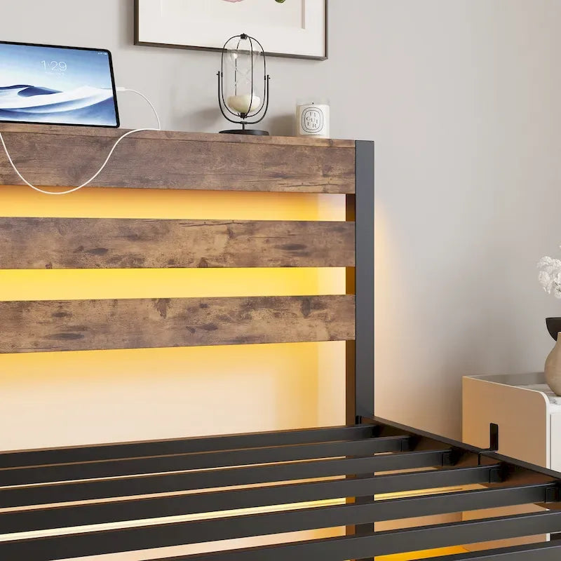 Beige+Brown Twin Size Modern Metal Bed with Wooden Headboard,RGB Lights and Storage Shelf for Bedroom