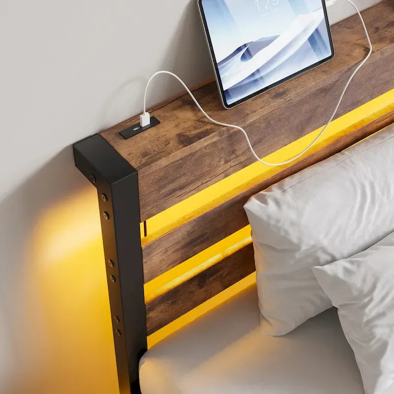 Beige+Brown Twin Size Modern Metal Bed with Wooden Headboard,RGB Lights and Storage Shelf for Bedroom