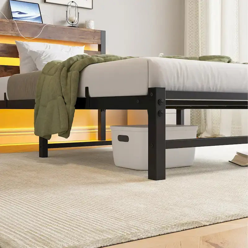 Beige+Brown Twin Size Modern Metal Bed with Wooden Headboard,RGB Lights and Storage Shelf for Bedroom