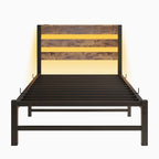 Beige+Brown Twin Size Modern Metal Bed with Wooden Headboard,RGB Lights and Storage Shelf for Bedroom