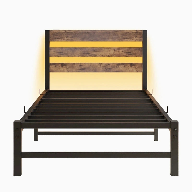 Beige+Brown Twin Size Modern Metal Bed with Wooden Headboard,RGB Lights and Storage Shelf for Bedroom