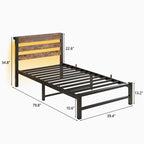 Beige+Brown Twin Size Modern Metal Bed with Wooden Headboard,RGB Lights and Storage Shelf for Bedroom