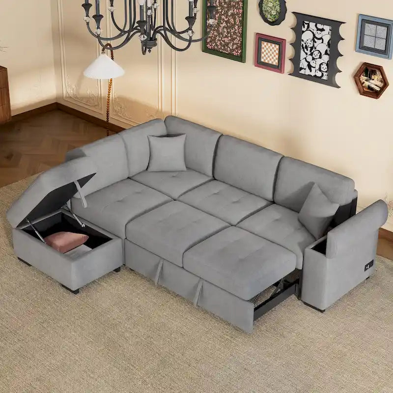 84.75 L-Shaped 5-Seat Sleeper Sectional Sofa with Storage Ottoman, Hidden Arm Storage, and USB Charging for Living Room