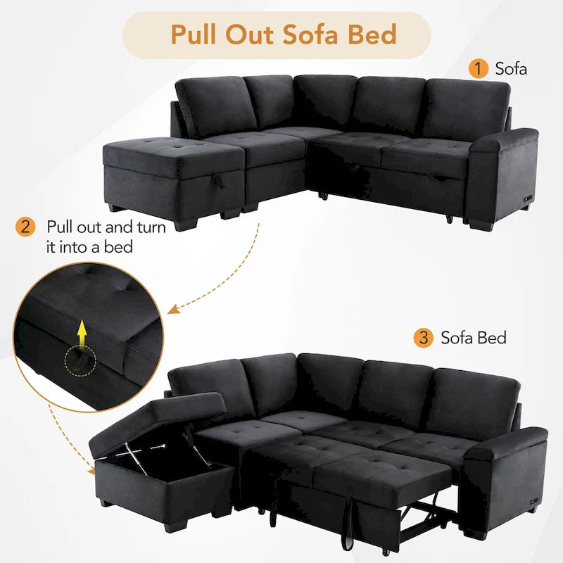84.75 L-Shaped 5-Seat Sleeper Sectional Sofa with Storage Ottoman, Hidden Arm Storage, and USB Charging for Living Room