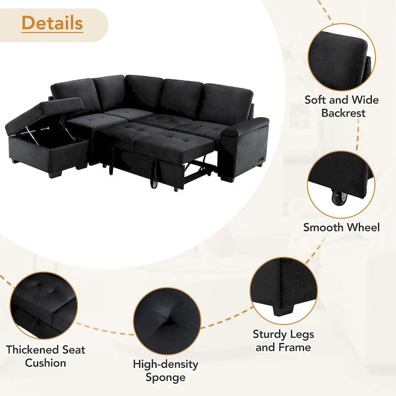 84.75 L-Shaped 5-Seat Sleeper Sectional Sofa with Storage Ottoman, Hidden Arm Storage, and USB Charging for Living Room