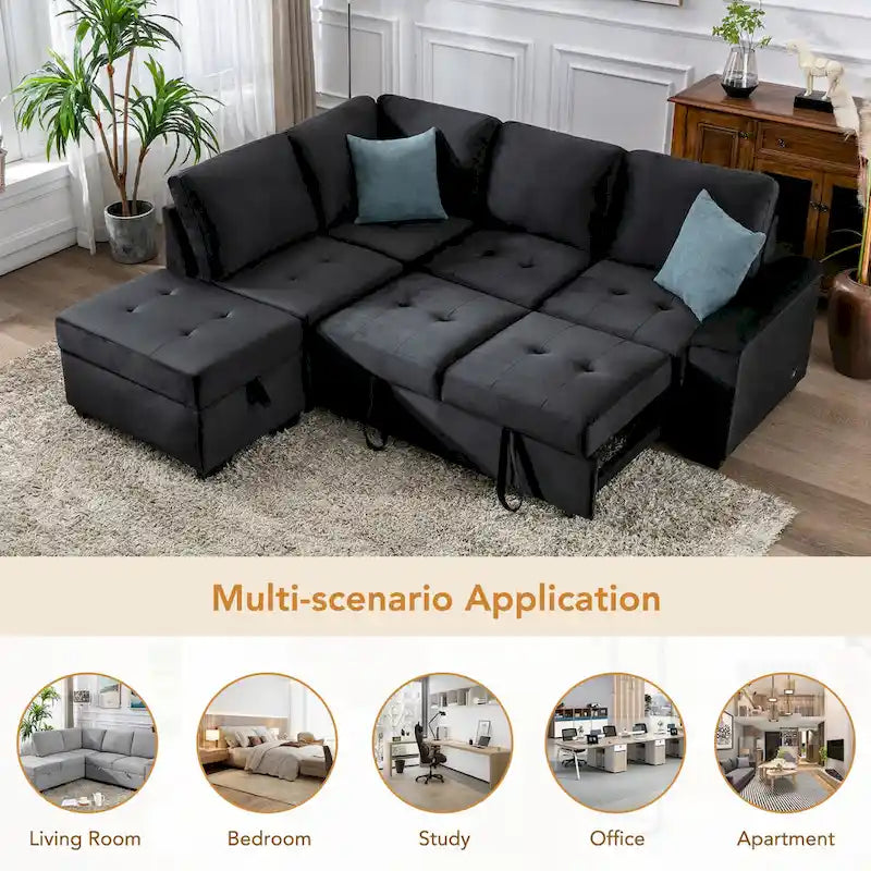 84.75 L-Shaped 5-Seat Sleeper Sectional Sofa with Storage Ottoman, Hidden Arm Storage, and USB Charging for Living Room
