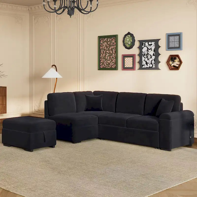 84.75 L-Shaped 5-Seat Sleeper Sectional Sofa with Storage Ottoman, Hidden Arm Storage, and USB Charging for Living Room