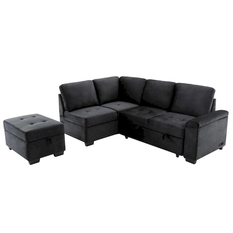 84.75 L-Shaped 5-Seat Sleeper Sectional Sofa with Storage Ottoman, Hidden Arm Storage, and USB Charging for Living Room