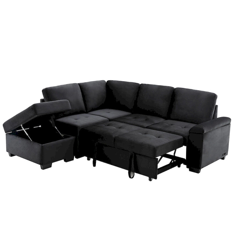 84.75 L-Shaped 5-Seat Sleeper Sectional Sofa with Storage Ottoman, Hidden Arm Storage, and USB Charging for Living Room