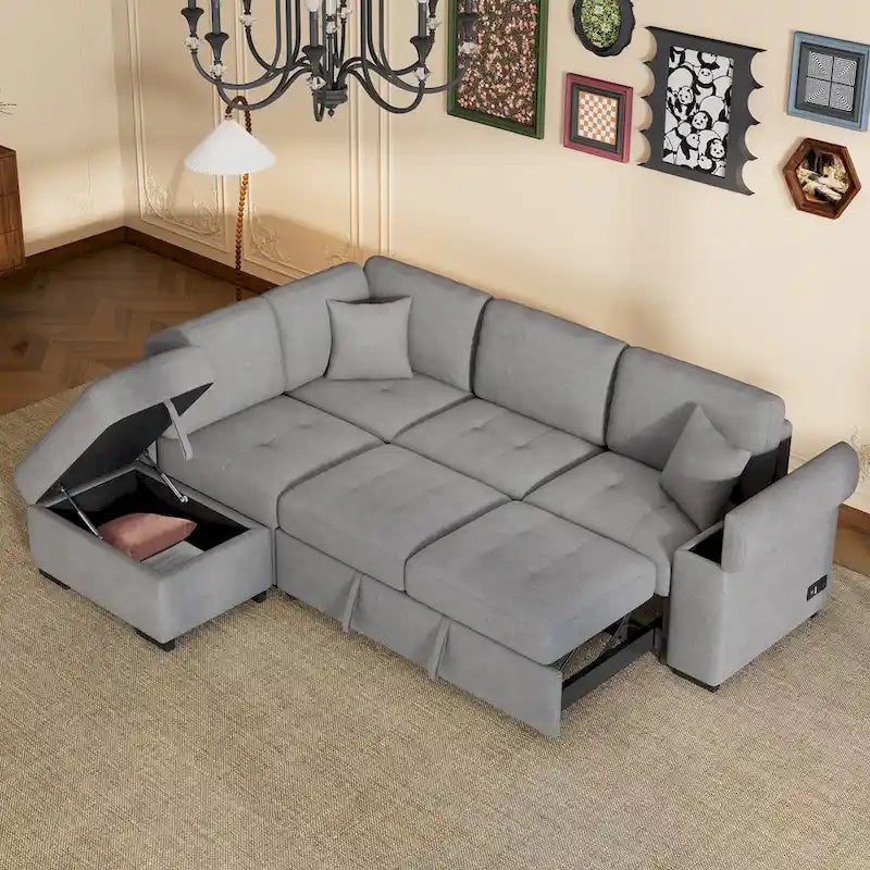 84.75 L-Shaped 5-Seat Sleeper Sectional Sofa with Storage Ottoman, Hidden Arm Storage, and USB Charging for Living Room