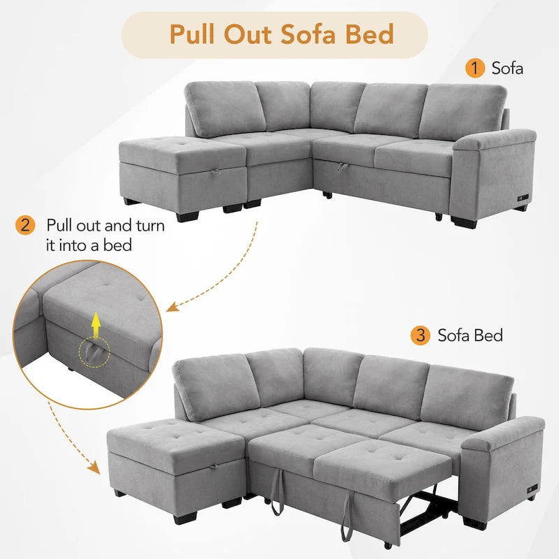 84.75 L-Shaped 5-Seat Sleeper Sectional Sofa with Storage Ottoman, Hidden Arm Storage, and USB Charging for Living Room