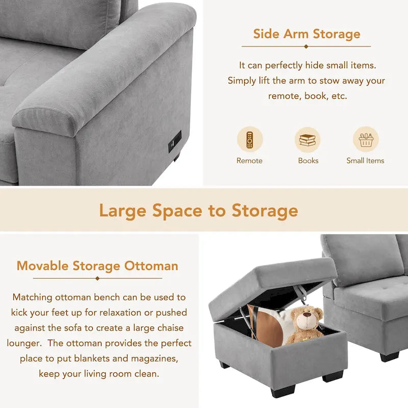 84.75 L-Shaped 5-Seat Sleeper Sectional Sofa with Storage Ottoman, Hidden Arm Storage, and USB Charging for Living Room