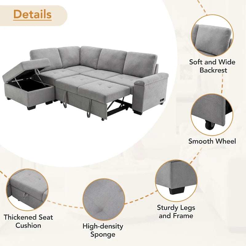 84.75 L-Shaped 5-Seat Sleeper Sectional Sofa with Storage Ottoman, Hidden Arm Storage, and USB Charging for Living Room