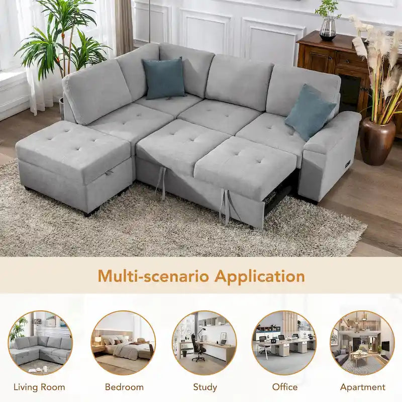 84.75 L-Shaped 5-Seat Sleeper Sectional Sofa with Storage Ottoman, Hidden Arm Storage, and USB Charging for Living Room