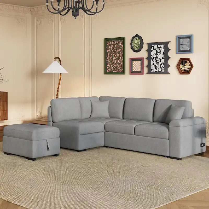 84.75 L-Shaped 5-Seat Sleeper Sectional Sofa with Storage Ottoman, Hidden Arm Storage, and USB Charging for Living Room