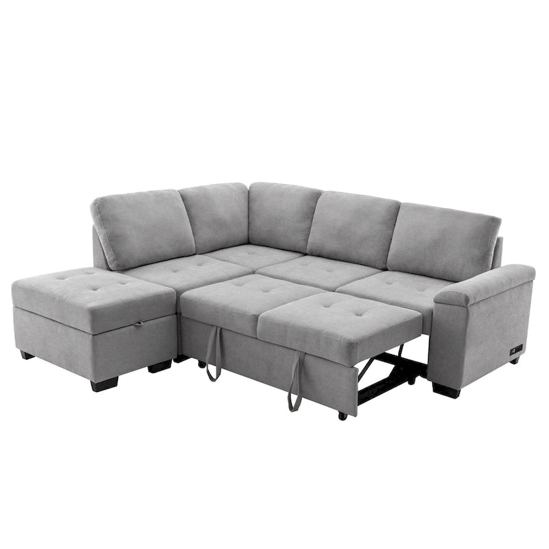84.75 L-Shaped 5-Seat Sleeper Sectional Sofa with Storage Ottoman, Hidden Arm Storage, and USB Charging for Living Room
