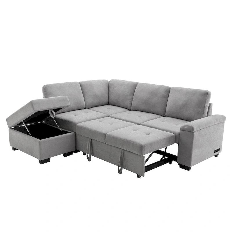 84.75 L-Shaped 5-Seat Sleeper Sectional Sofa with Storage Ottoman, Hidden Arm Storage, and USB Charging for Living Room