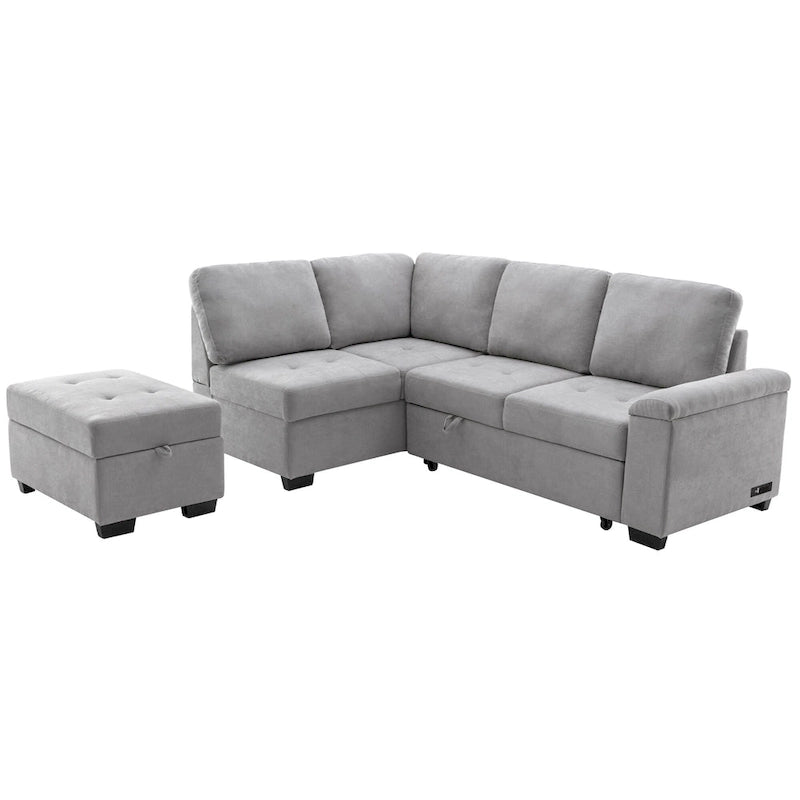 84.75 L-Shaped 5-Seat Sleeper Sectional Sofa with Storage Ottoman, Hidden Arm Storage, and USB Charging for Living Room