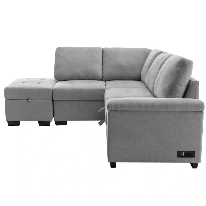 84.75 L-Shaped 5-Seat Sleeper Sectional Sofa with Storage Ottoman, Hidden Arm Storage, and USB Charging for Living Room