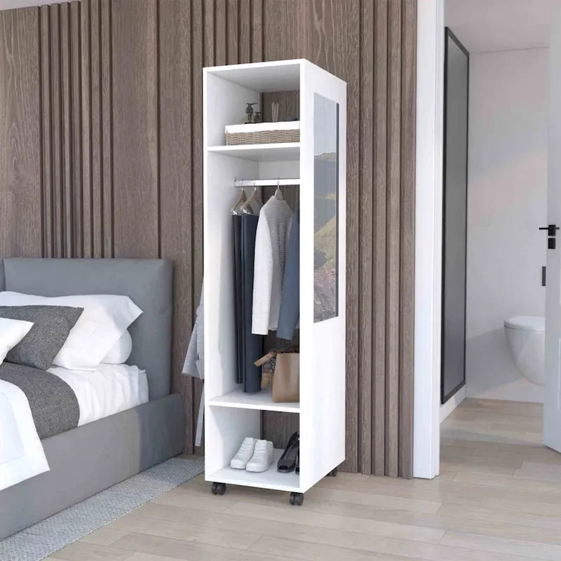 16 Modern One-Door Armoire with Three Shelves, Casters and Hanging Rod for Bedroom