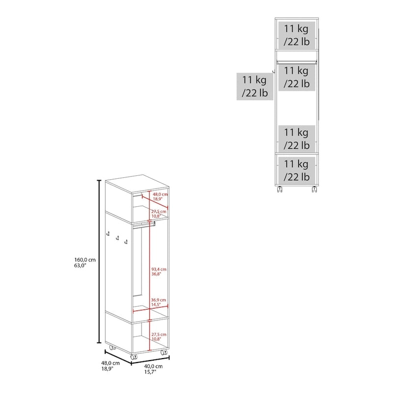 16 Modern One-Door Armoire with Three Shelves, Casters and Hanging Rod for Bedroom