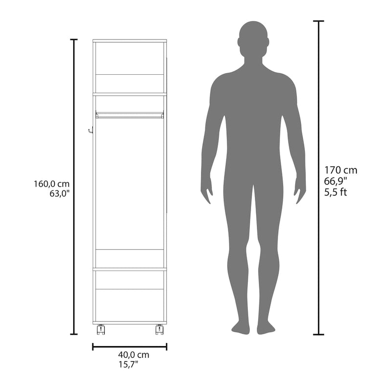 16 Modern One-Door Armoire with Three Shelves, Casters and Hanging Rod for Bedroom