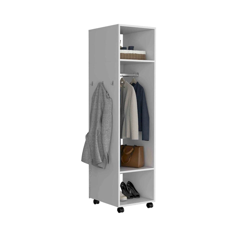 16 Modern One-Door Armoire with Three Shelves, Casters and Hanging Rod for Bedroom