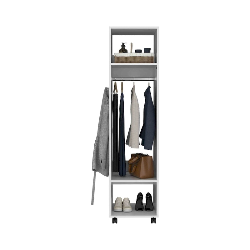 16 Modern One-Door Armoire with Three Shelves, Casters and Hanging Rod for Bedroom