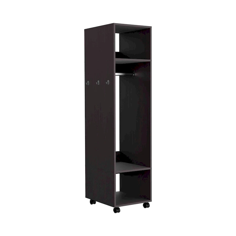 16 Modern One-Door Armoire with Three Shelves, Casters and Hanging Rod for Bedroom