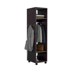 16 Modern One-Door Armoire with Three Shelves, Casters and Hanging Rod for Bedroom