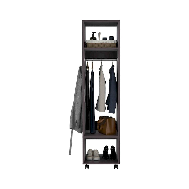 16 Modern One-Door Armoire with Three Shelves, Casters and Hanging Rod for Bedroom