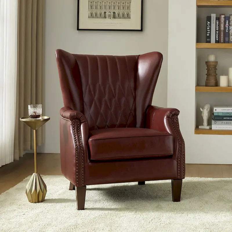 Genuine Leather Wingback Armchair - Brown/Camel/Navy/Burgundy - Single Seat