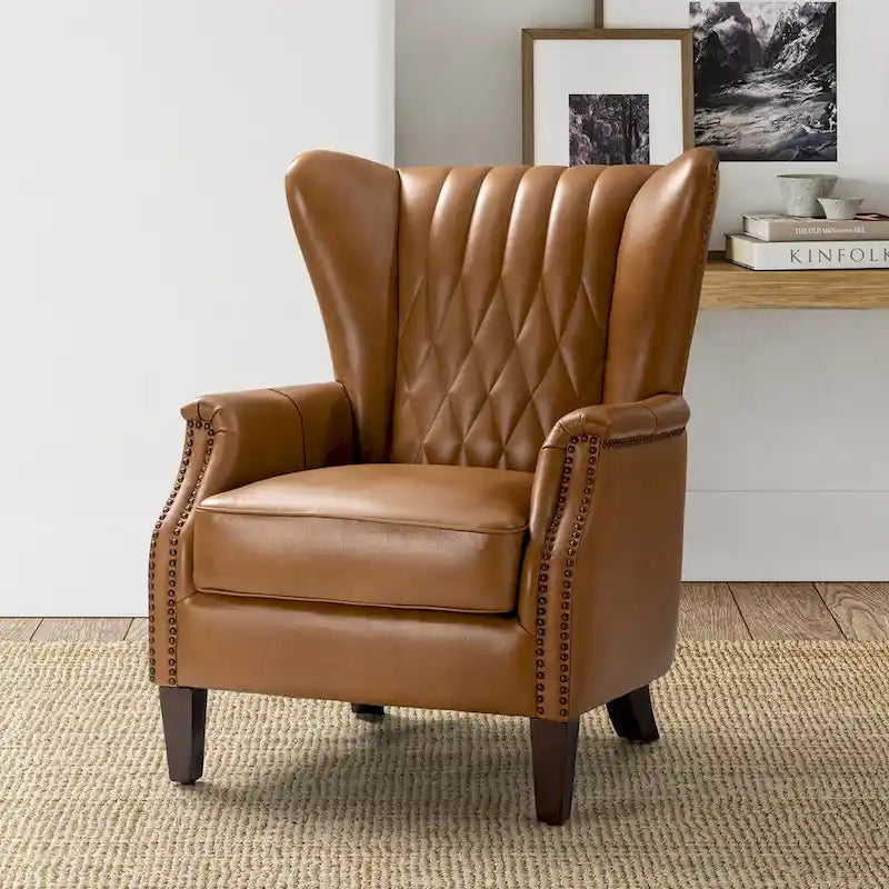 Genuine Leather Wingback Armchair - Brown/Camel/Navy/Burgundy - Single Seat