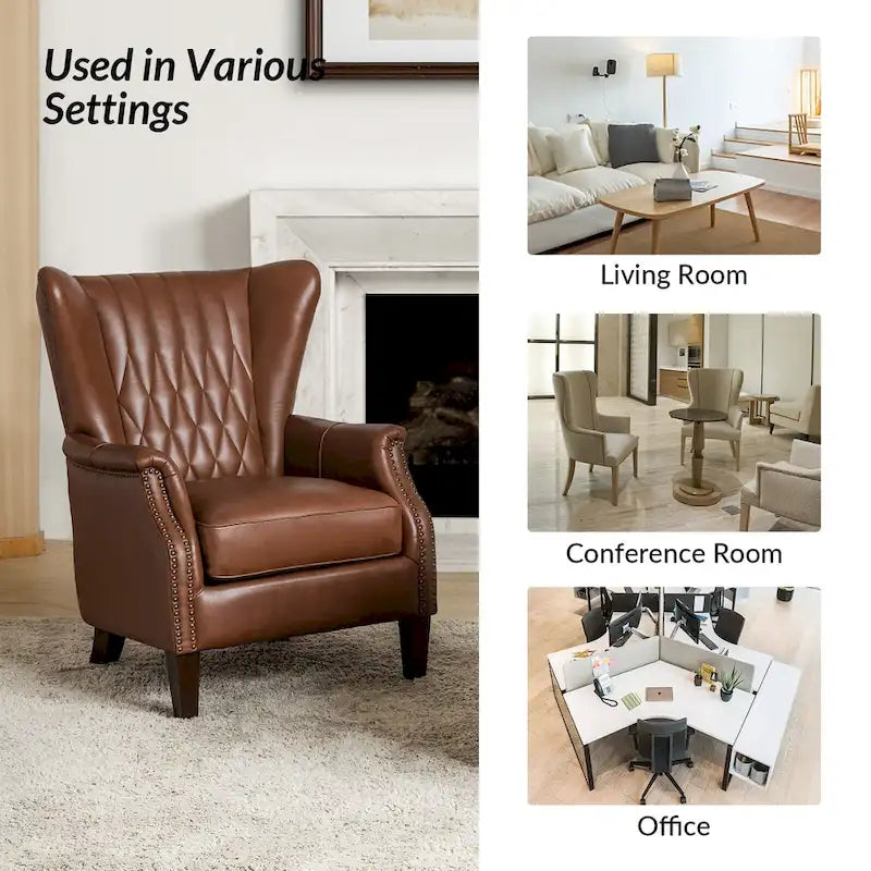 Genuine Leather Wingback Armchair - Brown/Camel/Navy/Burgundy - Single Seat