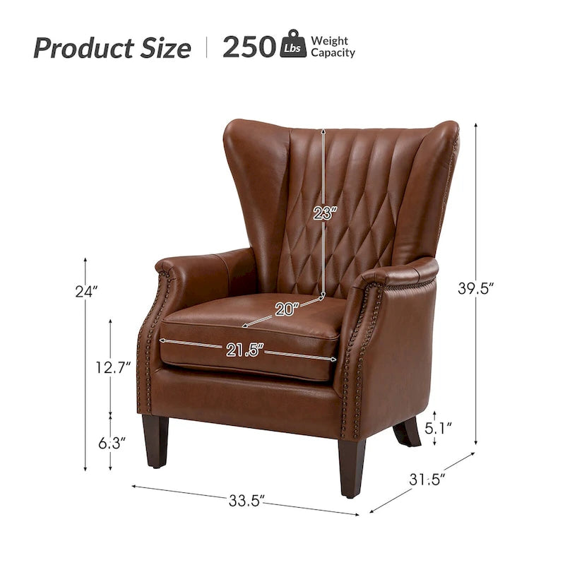 Genuine Leather Wingback Armchair - Brown/Camel/Navy/Burgundy - Single Seat