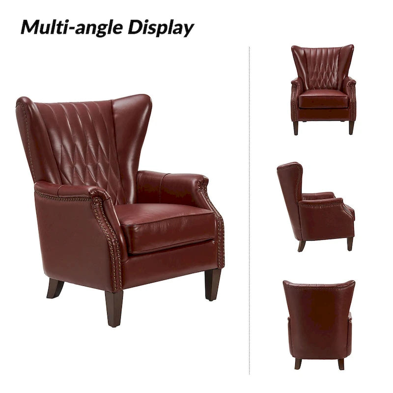 Genuine Leather Wingback Armchair - Brown/Camel/Navy/Burgundy - Single Seat
