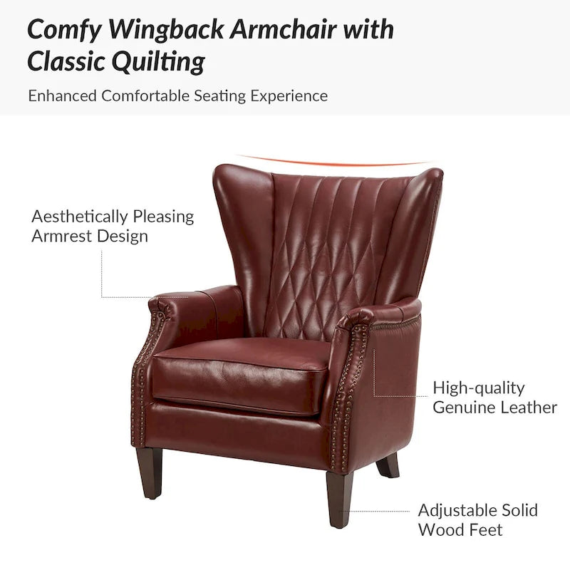 Genuine Leather Wingback Armchair - Brown/Camel/Navy/Burgundy - Single Seat