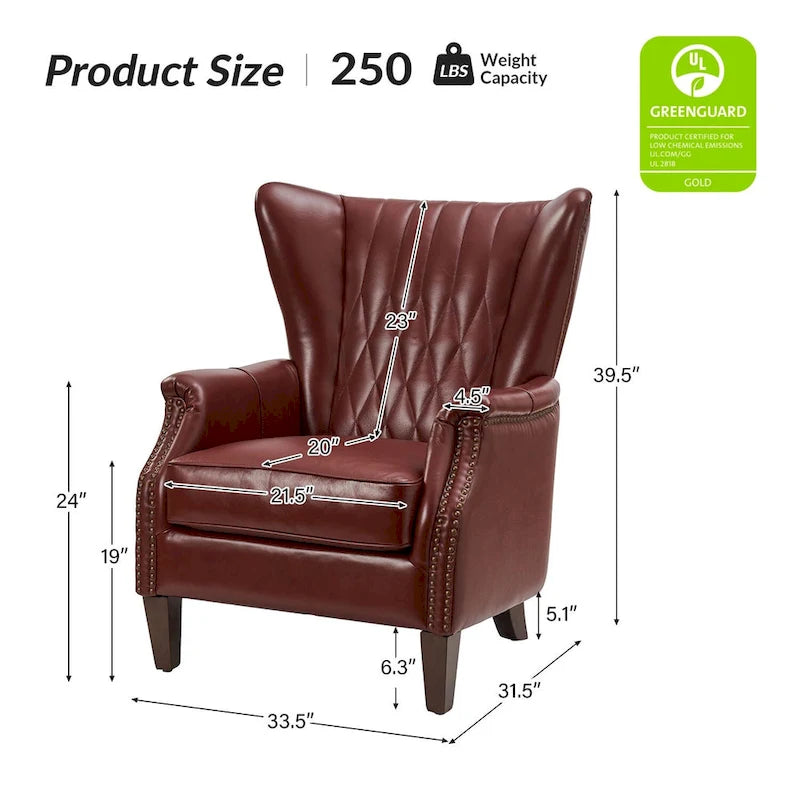 Genuine Leather Wingback Armchair - Brown/Camel/Navy/Burgundy - Single Seat